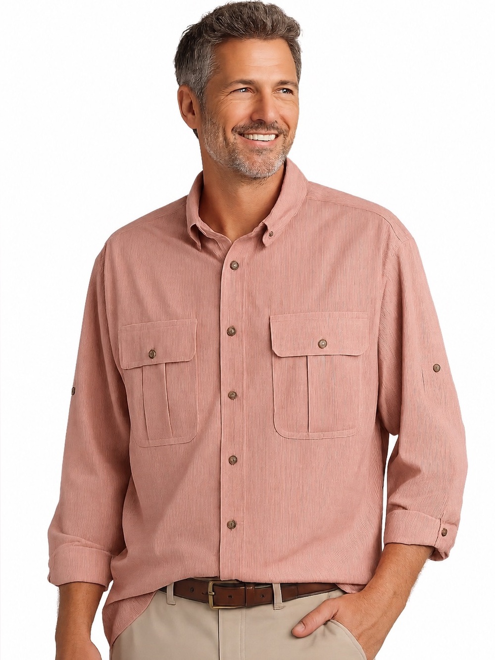 Norm Thompson Escape Travel Safari Shirt L Pink Stripe Hidden Zip Pockets